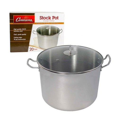 Cameron's 20 Quart Stainless Steel Stock Soup Pot with Aluminum Disc Base and Tempered Glass Lid - Faraday's Kitchen Store