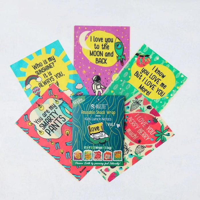Buzzee Kids Reusable 5-Pack Snack Wraps With Cute Notes VOL 1