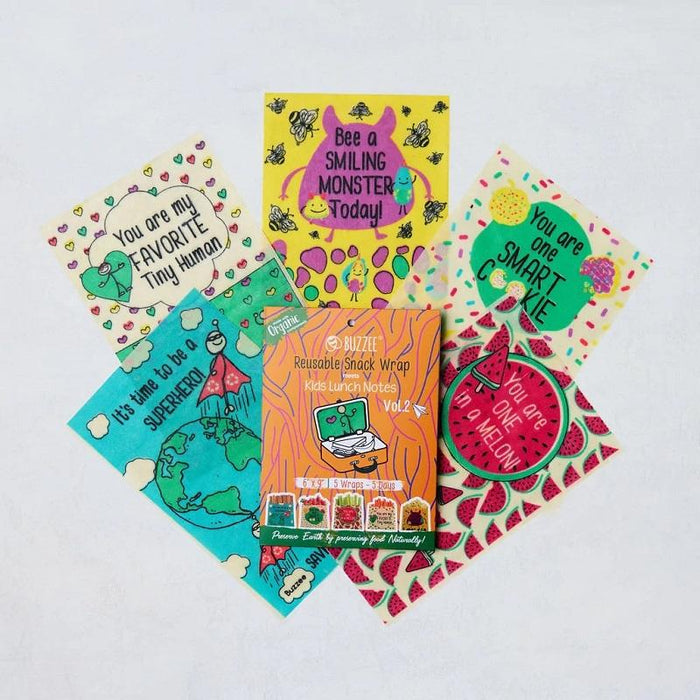 Buzzee Kids Reusable 5-Pack Snack Wraps With Cute Notes VOL 2