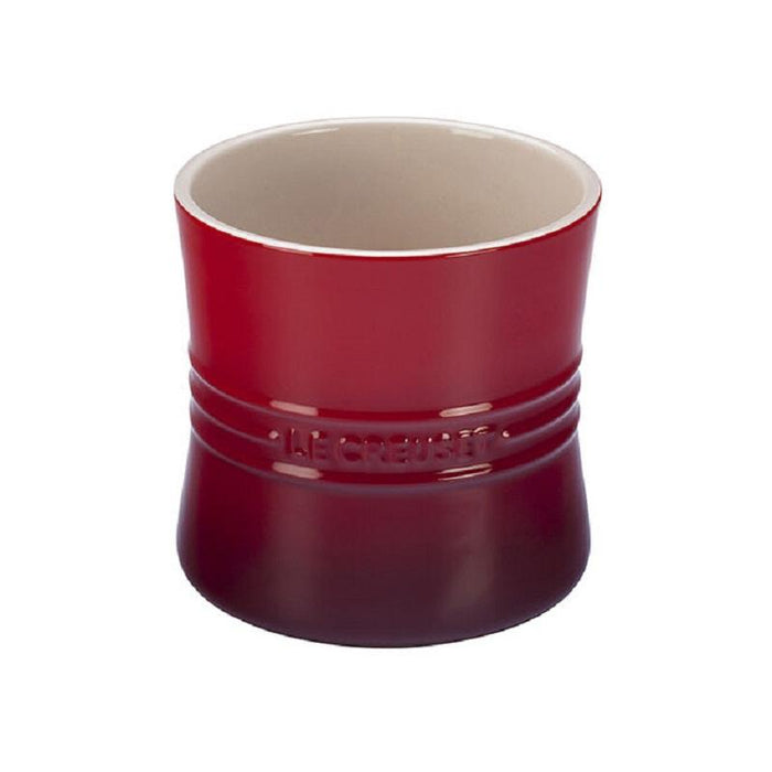 Le Creuset Red Utensil Crock 2 Quart Canister Storage Container 6 3/8 H X 6  Diameter Cream Tan Interior France 