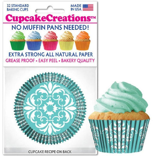 Turquoise Damask Cupcake Liners 32/Pack - Faraday's Kitchen Store